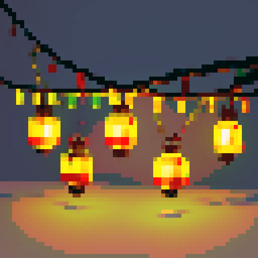 small garland, colorful lanterns, hanging, pixelated style, sRGB