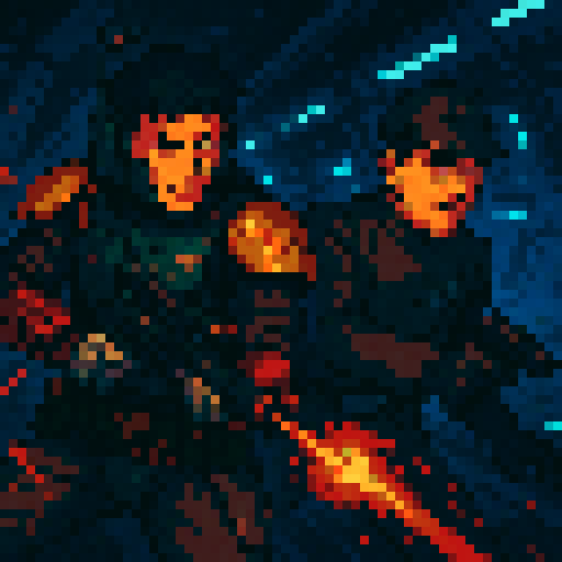 Star Wars bounty hunter, imperial officer, short black hair, two males, anime style, sRGB, pixel art, sci-fi, futuristic, intense, action-packed, dynamic, shadows, vibrant colors