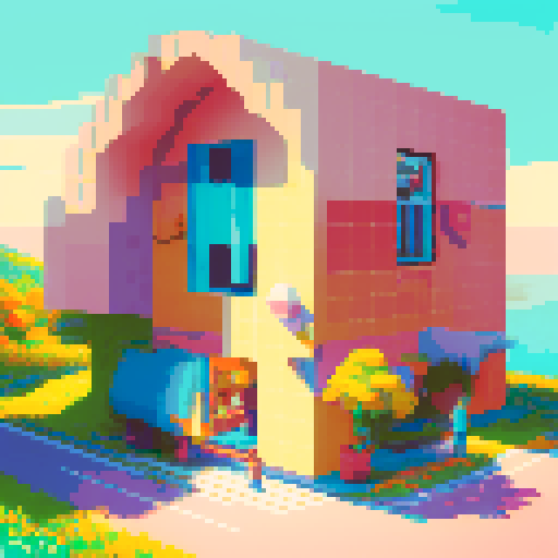 artist painting vibrant, retro-inspired pixel art masterpiece with meticulous brushstrokes and vibrant color palette in sunlit art studio