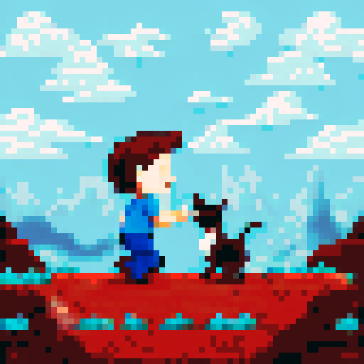 a young happy boy with brown hair, wearing a blue t-shirt, petting a gray and black cat, in the style of an 8 bit sprite