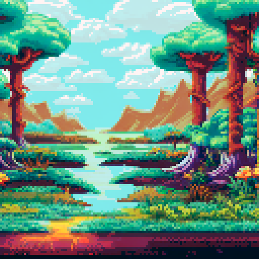 Swampy landscape, small Lily pads, vines, drift wood, large mushrooms, sRGB, pixel art, background, landscape