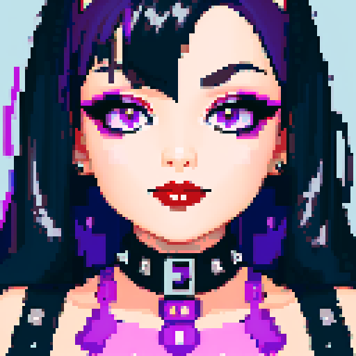 curvy, cute goth cat girl face, black hair, purple eyeshadow, red lipstick, studded leather, face portrait, glamour shot, vibrant sRGB colors, pixel art