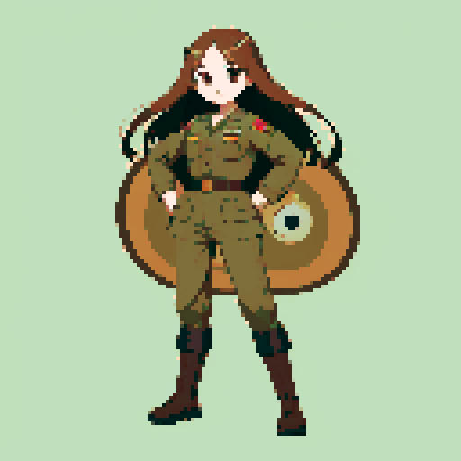 young girl, large round eyes, brown hair, brown eyes, wearing combat army uniform, a full-body standing pose, clean and detailed, game icon, centered composition, beautiful girl, long flowing hair, detailed eyes, slim figure, soft smile, round face, like Japanese anime