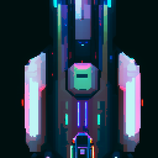 spaceship, retro, vibrant colors, angular design, 8-bit, blocky pixels, glowing exhaust, starry background, neon lights, futuristic, space exploration, cosmic, interstellar travel, sci-fi