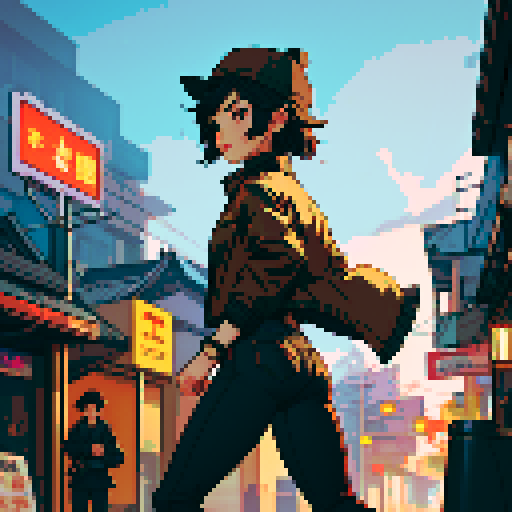 Night Thai urban street light background, Thailand, young girl, short black hair, small mouth, brown jacket, black jeans, small hips, beige hat, running, turn back, far view from the back