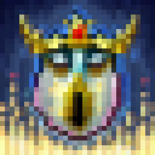 Regal penguin princess, adorned with a golden crown and opulent jewels, poses proudly for her 16x16 pixel portrait in a regal and pixelated art style.