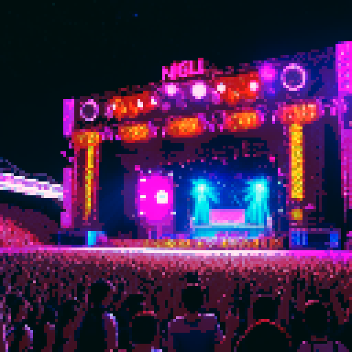 let's image you're on the rock festival within a lot of people, some of them dancing other of them raving, talking, drinking, etc. also it's happening at the night with a lot of colour lights and with a lot of stars on the sky 