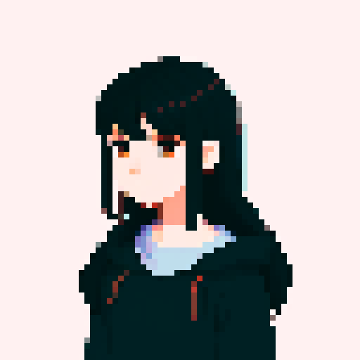portrait, sprite art, young shy woman, cozy, cute, dark hair, dark eyes, neutral, curious, autistic, nerd