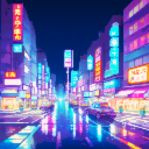 Tokyo skyline, illuminated skyscrapers, neon-lit streets, pastel-hued cityscape, palm trees, retro arcade signs, futuristic billboards, glitchy pixelated buildings, vibrant cyberpunk atmosphere, glossy reflections, soft gradient skies, dreamy vaporwave aesthetic