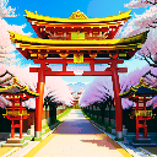 Golden shinto shrine, vibrant cherry blossom trees, traditional architecture with intricate details, shinto torii gate adorned with golden decorations, a pixel art golden cuboid positioned behind the gate, golden lanterns illuminating the scene in sRGB colors