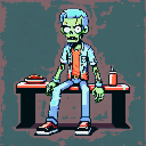 Zombie with limbs detached, laying on table, looking at camera,  pixel art, sRGB