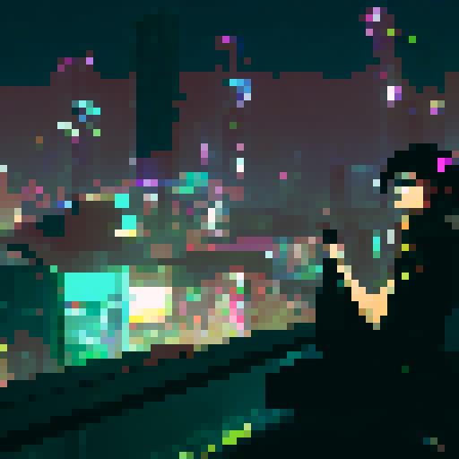 Engineer woman and her lover, deeply in love, surrounded by futuristic machinery and neon lights, captured in a romantic anime style.