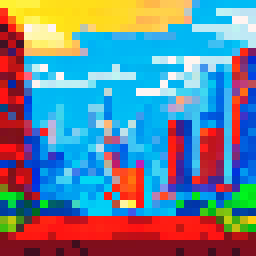 Hamster firefighter heroically battling a blazing inferno amidst a sprawling, urban landscape with towering skyscrapers looming in the sRGB pixel art background
