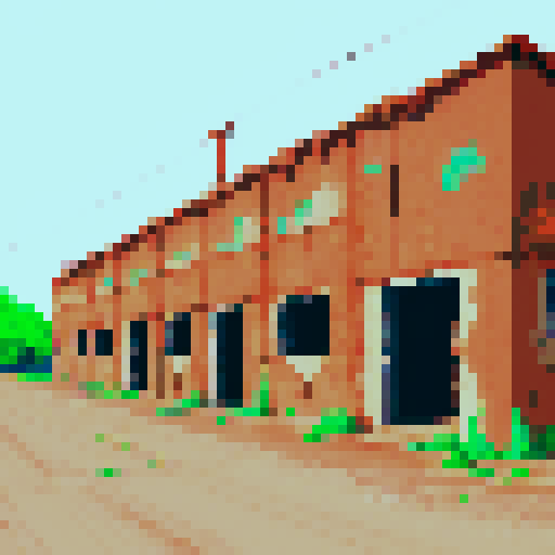 worn and weathered, industrial excavation building, rusty metal beams, cracked concrete walls, broken windows, pixel art