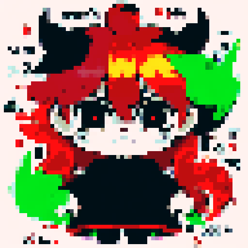 Demon slayer with fiery red hair and piercing green eyes stares fiercely at the viewer in a close-up character portrait, rendered in a vibrant anime style with intricate pixel art details.