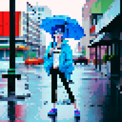 Blue haired 90s pop girl, smoking a cigarette, downtown, in the rain, gritty