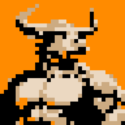 A pixel art portrait of a bull with a neutral expression, featuring a minimalist design with light skin tone, solid colors, Set against a solid orange background. The style is reminiscent of early video game characters, with a square aspect ratio.