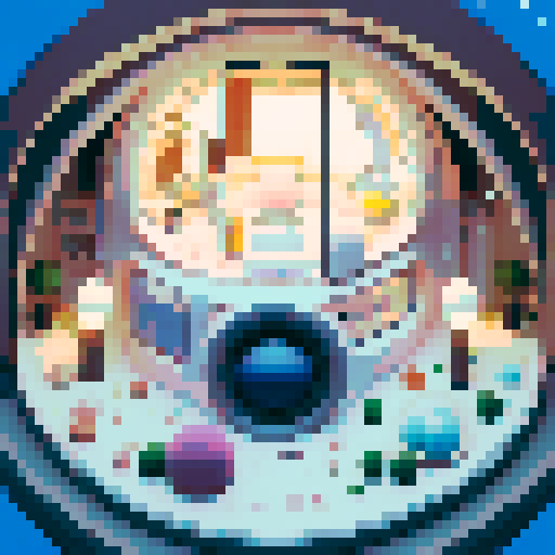 Inside of a sphere spaceship shaped like a gachapon with a clear top half looking out to space. cozy white space theme