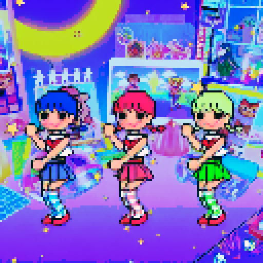 kawaii cheerleaders with pigtail hair, vibrant neon colors against a pixel art, sRGB background, surrounded by a galaxy in the sky and a meat-inspired landscape