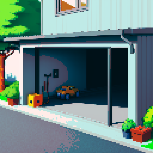 Open garage for cars, grey, asphalt, tools, car parts