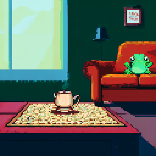 Picture a cozy living room with a crackling fireplace casting a warm glow across the room. A comfortable sofa sits in front of the fireplace, adorned with plush cushions. On the sofa sits a cute little frog, its tiny feet dangling off the edge as it leans back against one of the cushions, looking utterly content.

Next to the frog is a small coffee table, upon which sits a steaming cup of coffee, the aroma wafting through the air. The frog reaches out with one hand, delicately grasping the cup, 
