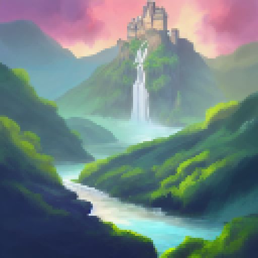 A background image of a castle with lots of lush greens and mysterious hills with a waterfall.  Colorful background