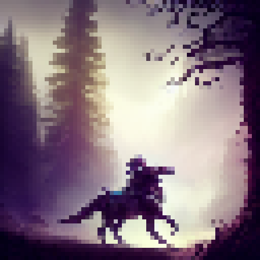 An armored knight on a majestic horse, charging towards a towering dragon with shimmering scales and glowing eyes, amidst a misty forest with twisted trees and glowing mushrooms.