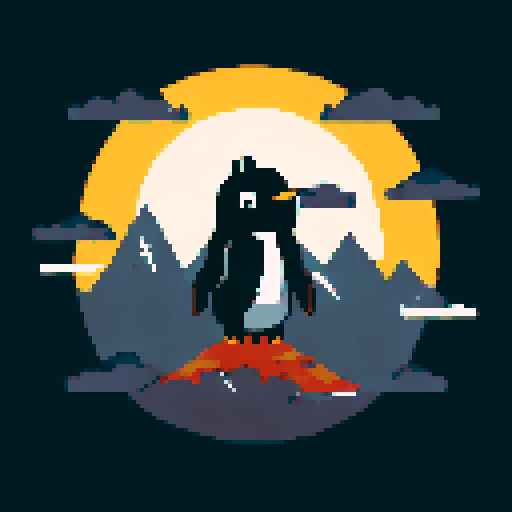 Penguin in nature, mountains on background, black and white, vector