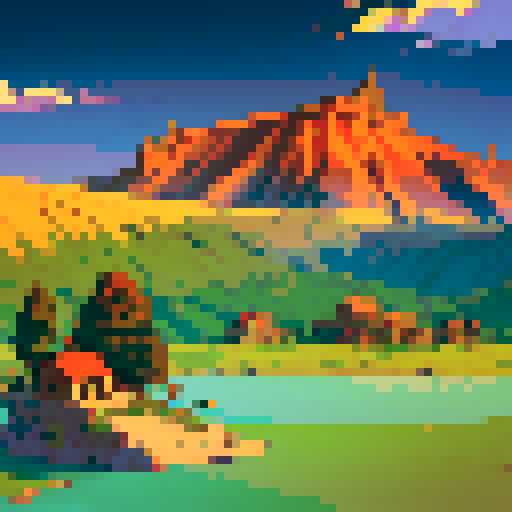 pixel art, wooden buildings, small village, palisades, desert, lava stricken rocky mountains, ocean, grasslands, sRGB