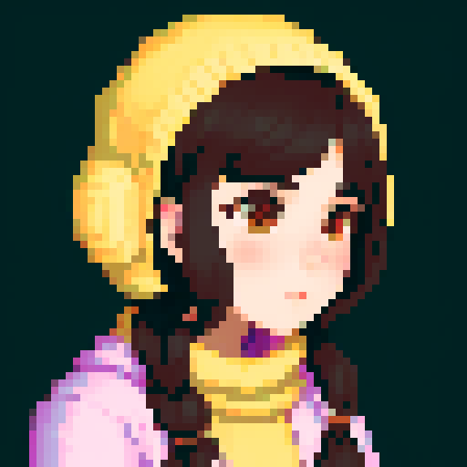 portrait, sprite art, young woman, dark eyes, dark hair, shy girl, awkward, cute, soft eyes, autistic, cozy, shy, timid, stardew valley