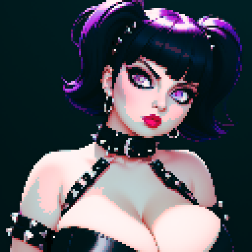 curvy, busty cute goth babe with studded collar, big titty goth wearing halter top, close up turned head glamour shot, pixel art, sRGB