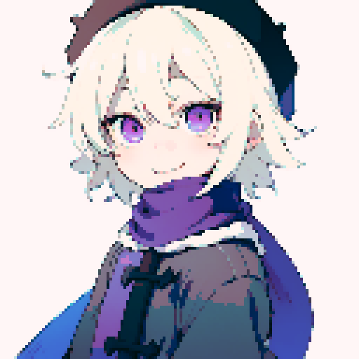 Male, light purple eyes, pale skin, blonde hair, sprite, black winter clothes, fur collar, short messy hair, looking at viewer, small smile, solo male, low details, uncropped, ushanka, dialog sprite, fantasy clothes, smile, bangs, messy hair, hair between eyes, medium hair, tired eyes, purple scarf, thick lines, sRGB, pixel art