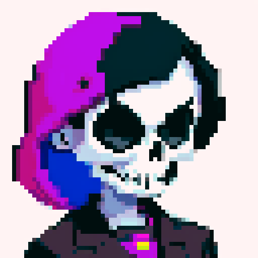 cartoon skull face, vibrant colors, bold lines, exaggerated features, pixelated details, sRGB color palette