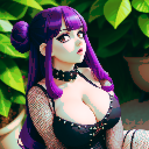 Low angle picture of Thicc, curvy, busty goth girl with studded collar, long purple hair in buns, fishnet stockings, studded halter top. sRGB
