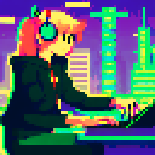 Hacker typing furiously on a retro computer, surrounded by neon lights and futuristic technology, with a pixel art cityscape in the background