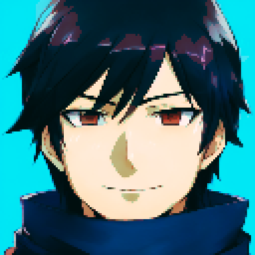 handsome guy, anime, smiling, closed mouth, brown eyes, black hair, blue scarf