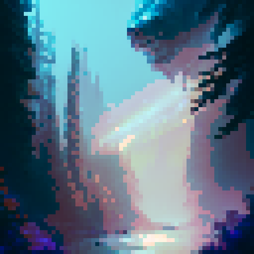 Salmon swimming upstream, scales shimmering in rainbow hues, amidst a mystical forest with towering ancient trees and glowing magical orbs