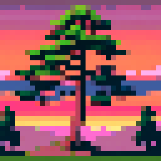 pine tree, tall and majestic, with vibrant green needles, slender branches reaching outwards, against a backdrop of a pixelated sunset sky, bathed in warm hues of orange and pink, casting a shadow on the lush, grassy ground