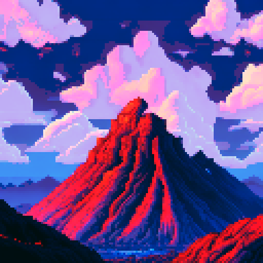 Mt Doom's fiery peak surrounded by craggy rocks and ash-covered ground, with a dark, ominous sky looming in the background, depicted in a stunning sRGB pixel art landscape