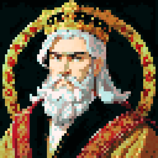 king, regal, crown, majestic, stoic expression, sharp features, detailed beard, silver accents, royal robe, intricate embroidery, game icon, 32x32 pixel art, sRGB, skill art, close up, portrait