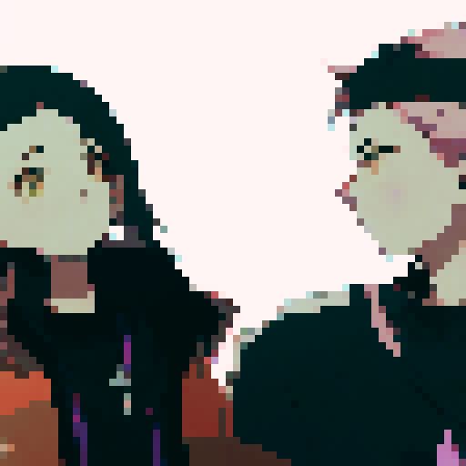 Blushing, wide-eyed anime couple with pastel pink hair and matching heart-shaped earrings, snuggled up in a cozy, autumn park, surrounded by golden leaves and a warm, orange sunset