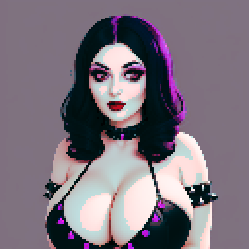 curvy busty goth, cute goth woman, with black hair, purple eyeshadow, and red lipstick, wearing a bikini, studded collar. beauty photo, glamour shot, face portrait, sRGB color