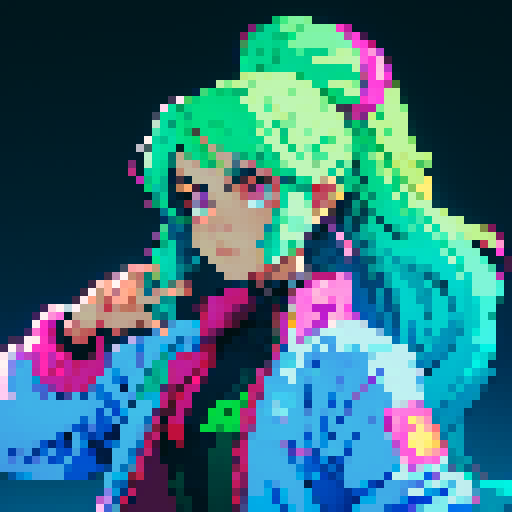 cool long hair guy with vibrant, neon-colored locks, rocking a retro-inspired pixel art hairstyle