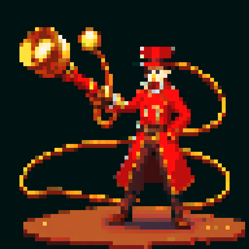 steampunk young man, red coat, red hat, 2D game stance, pixel art, sRGB