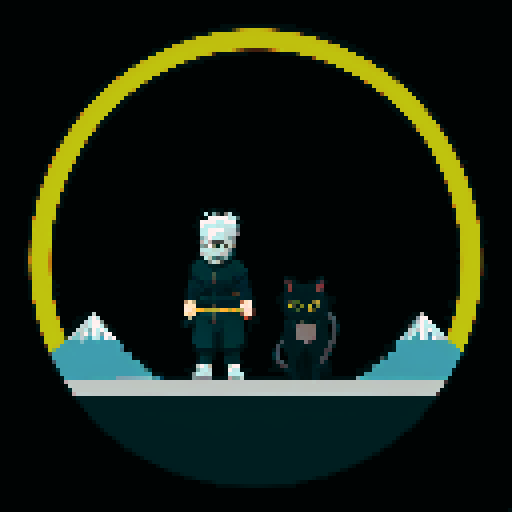 Hatake Kakashi with a black cat with yellow eyes on his shoulders in the himalayas