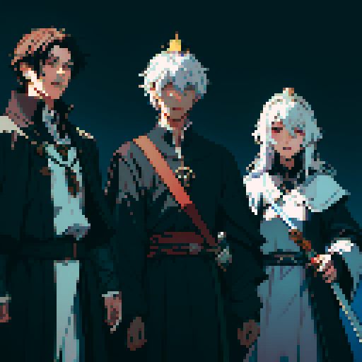 three men, king and his retinue, crown, light at the kind, dark place, king with sword, cant see eyes, eyes darken