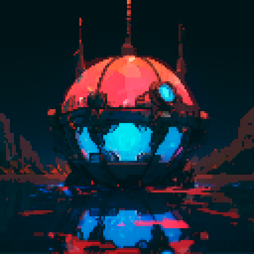 Sphere robotic, metallic sheen, glowing LED lights, mechanical limbs, retro-futuristic, geometric patterns, vibrant colors, low resolution, blocky pixels, 8-bit aesthetic, pixelated details, sharp edges, crisp lines, nostalgic video game vibe