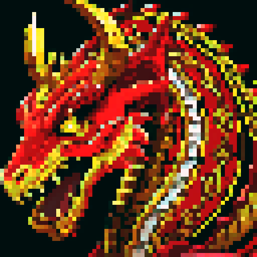 dragon, regal, crown, majestic,  red, gold accents, intricate embroidery, game icon, 32x32 pixel art, sRGB, skill art, close up, portrait