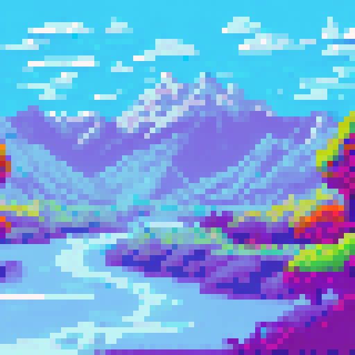 Snow-capped peaks tower over a serene valley, filled with vibrant green trees and a sparkling river, all rendered in a stunningly detailed pixel art style with an sRGB color space
