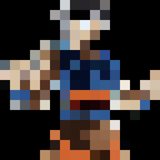 Create a 60x60 pixel art of Goku, with accurate features: spiky hair, orange and blue suit. It should mimic the anime’s style, resembling classic 8-bit video game art and be highly recognizable.